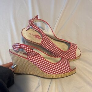 Route 66 Red Checkered Wedge Sandals